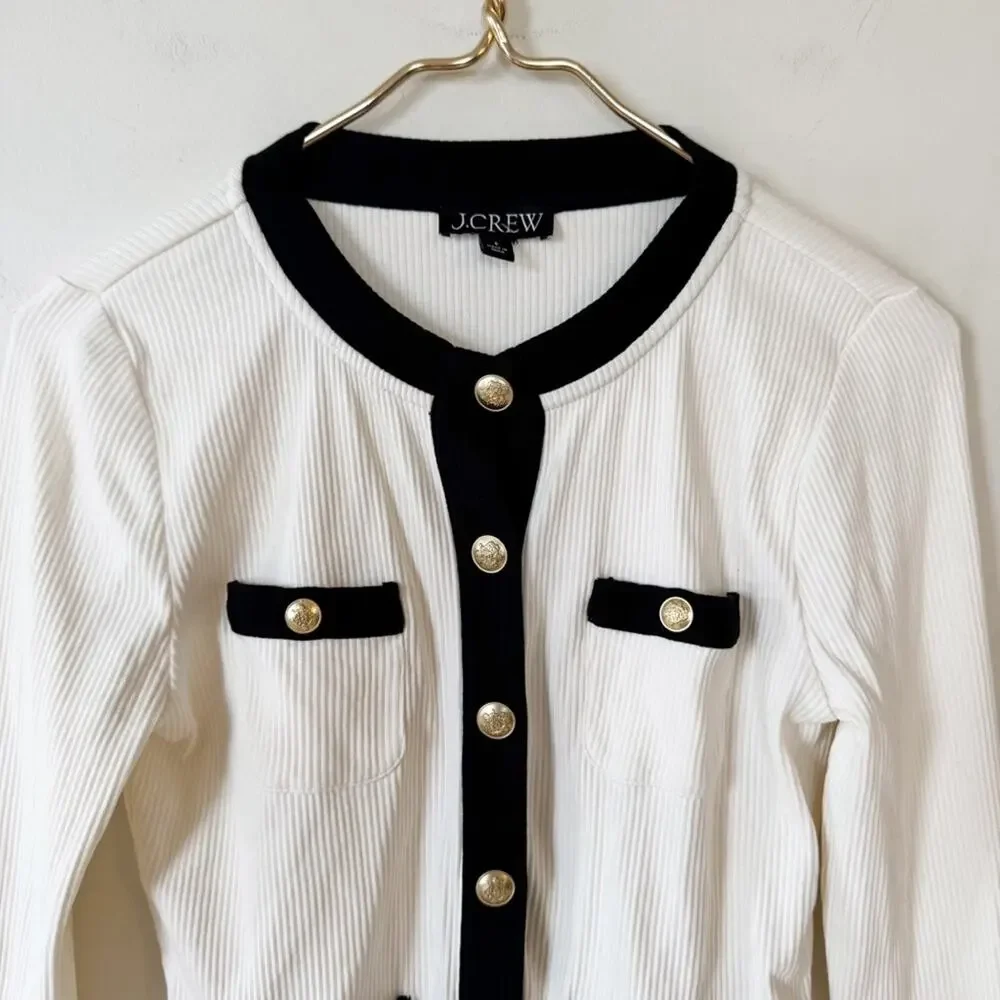 NWOT J. Crew Ivory and Black Rib Lady Jacket Cardigan Top S